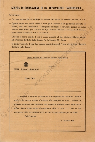 Ente Radio Rurale - Scheda di ordinazione di una Radiorurale Ente Radio Rurale Ente Radio Rurale - Scheda di ordinazione di una Radiorurale Ente Radio Rurale